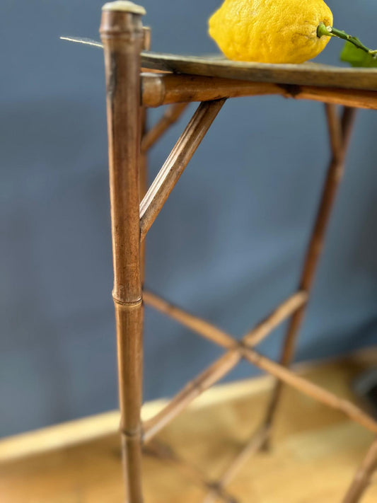 Vintage Bamboo Plant Stand with Brass Tray - "Execute PAR LO-YS A LA MAIN"