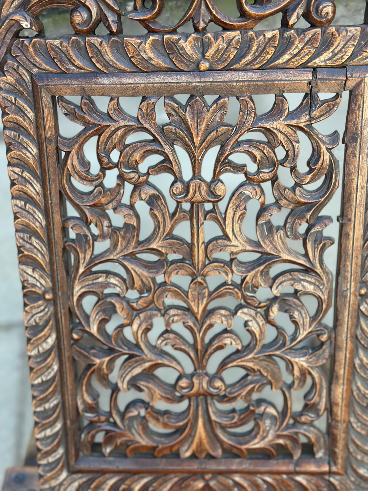 XXAntique Anglo-Indian Carved Wooden Panel Chair – Pierced Foliate Back, Decorative Low Occasional Seat