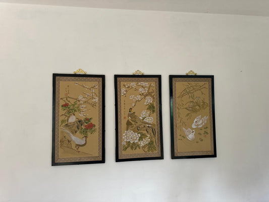 Set of 4 Chinese Hand-Painted Silk Wall Panels – Framed Bird & Floral Artwork