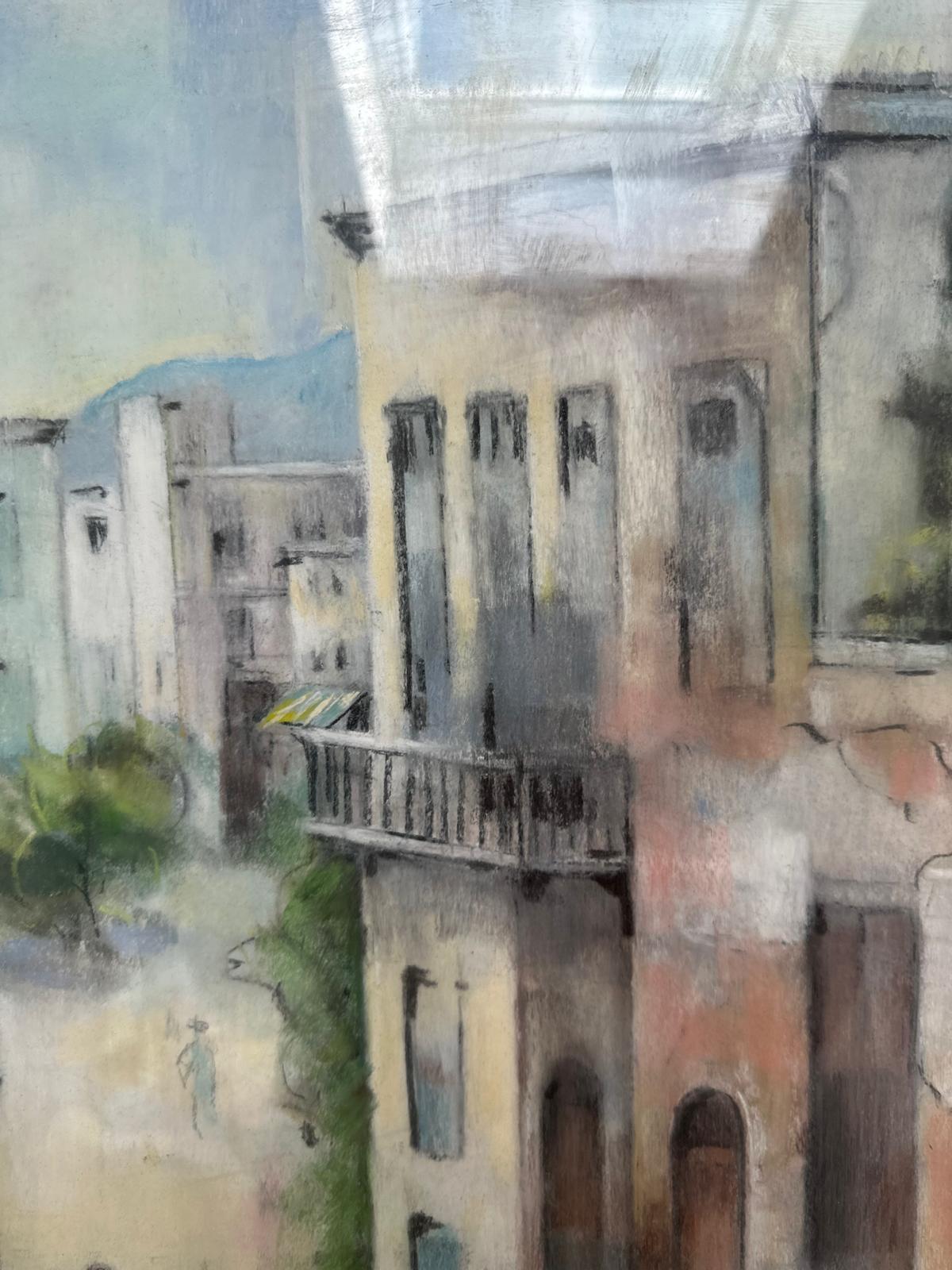 Signed H.E. Hance Mediterranean Street Scene – Pastel / Mixed Media – Framed