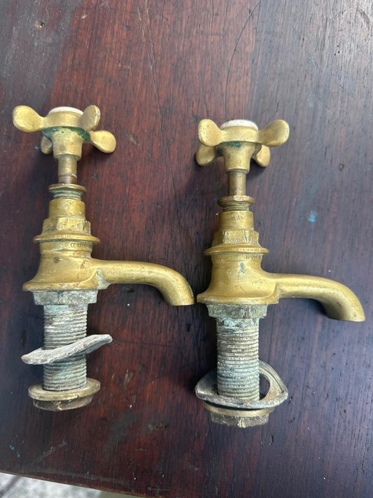 Pair of Antique Brass Basin Taps – Hot & Cold – Victorian / Edwardian Bathroom Fittings