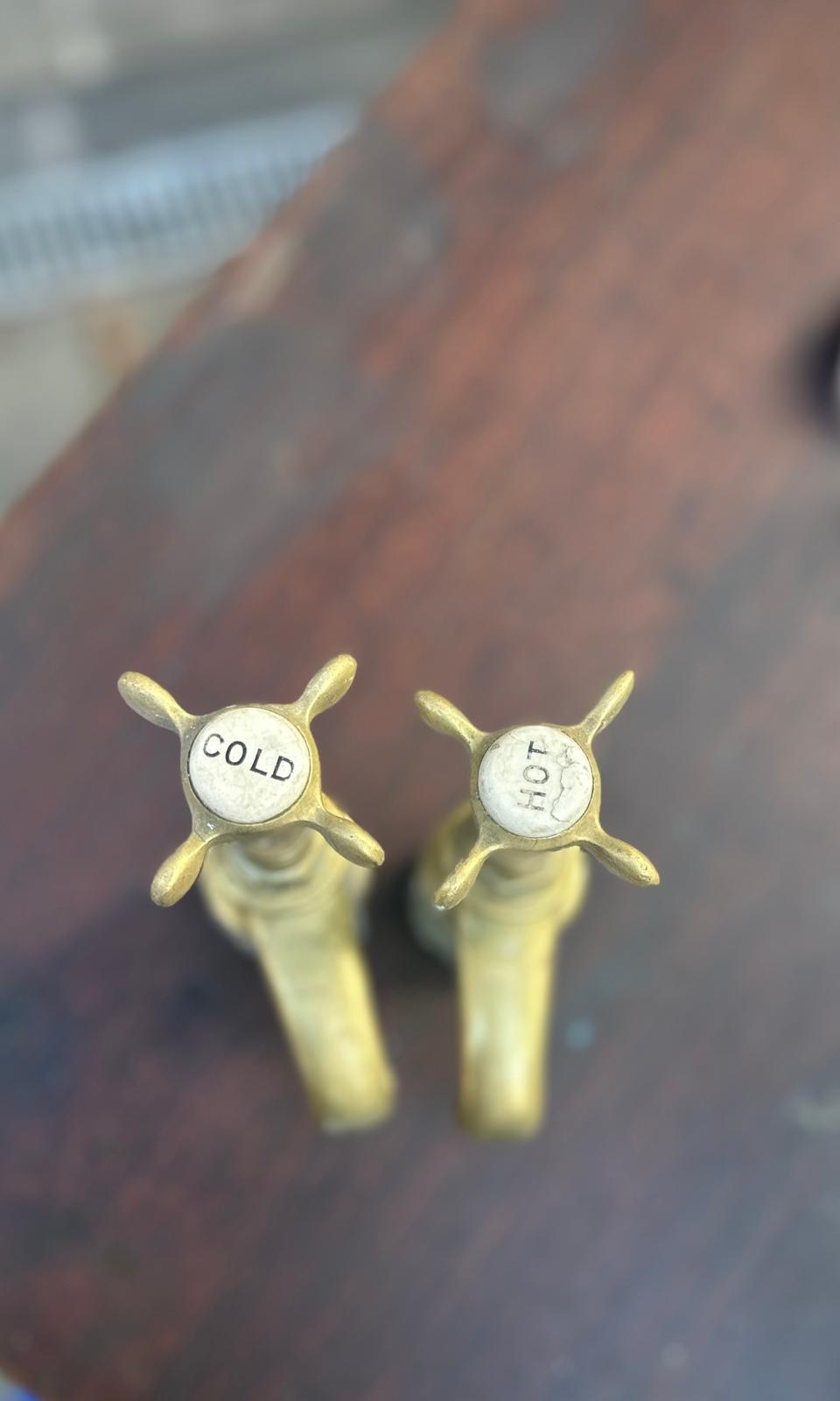Pair of Antique Brass Basin Taps – Hot & Cold – Victorian / Edwardian Bathroom Fittings