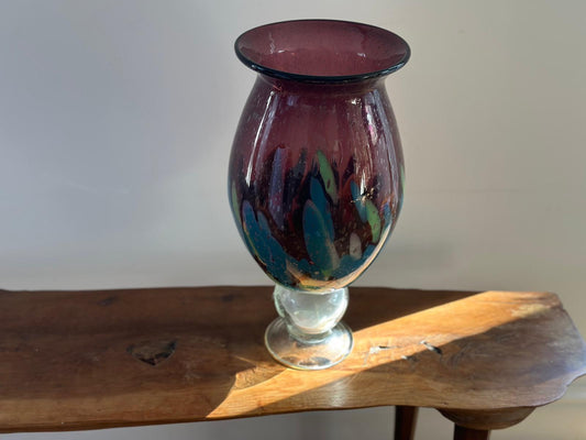 Large Mid Century Murano Style Art Glass Vase 38.5cm – Hand Blown Cased Glass, Purple & Turquoise Studio Glass