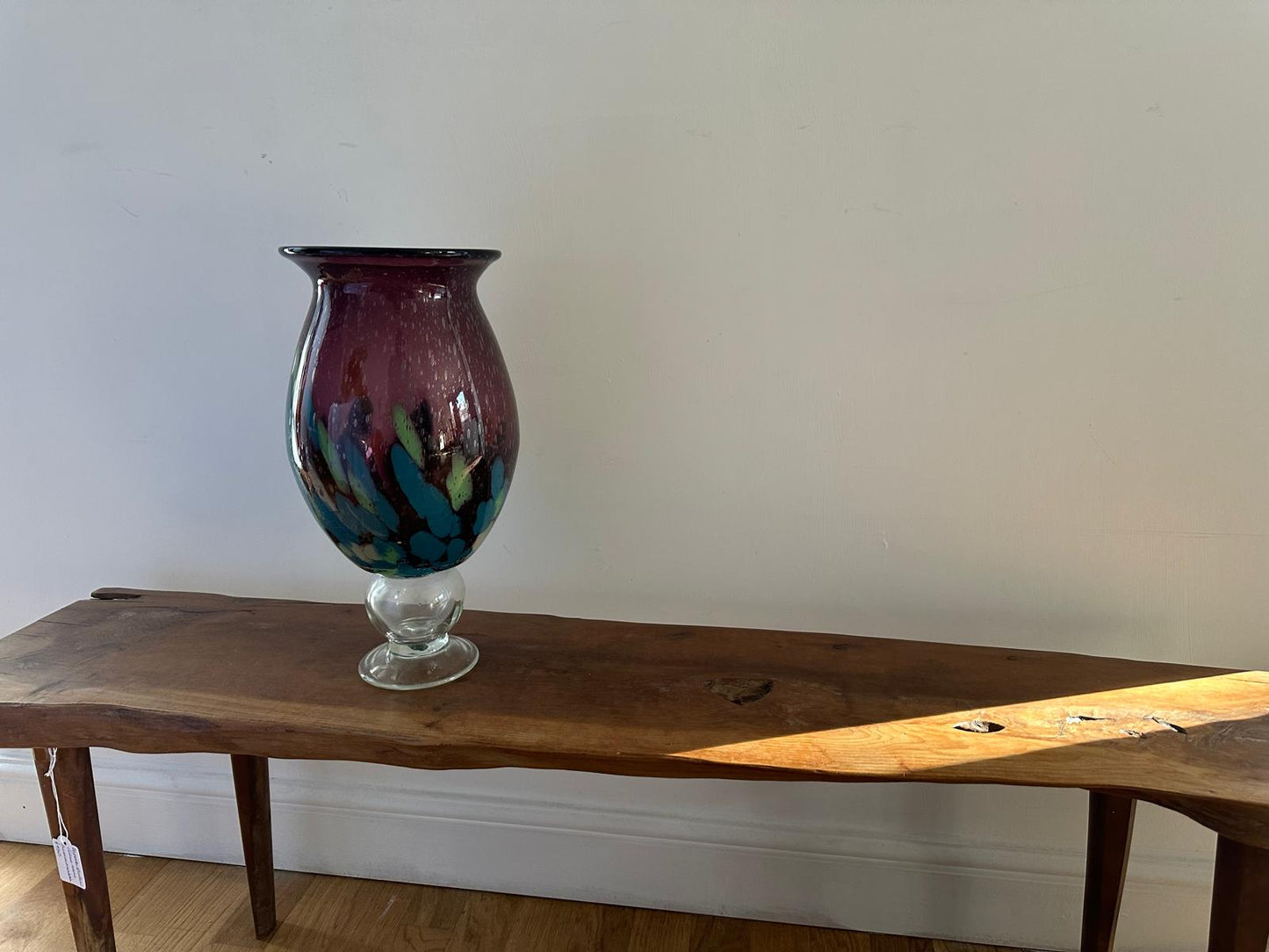 Large Mid Century Murano Style Art Glass Vase 38.5cm – Hand Blown Cased Glass, Purple & Turquoise Studio Glass