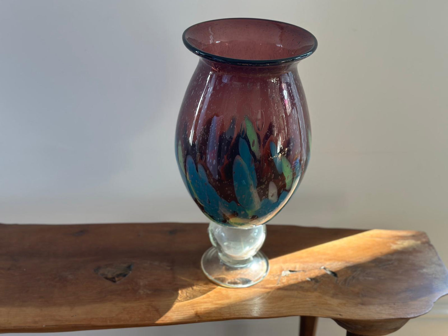 Large Mid Century Murano Style Art Glass Vase 38.5cm – Hand Blown Cased Glass, Purple & Turquoise Studio Glass