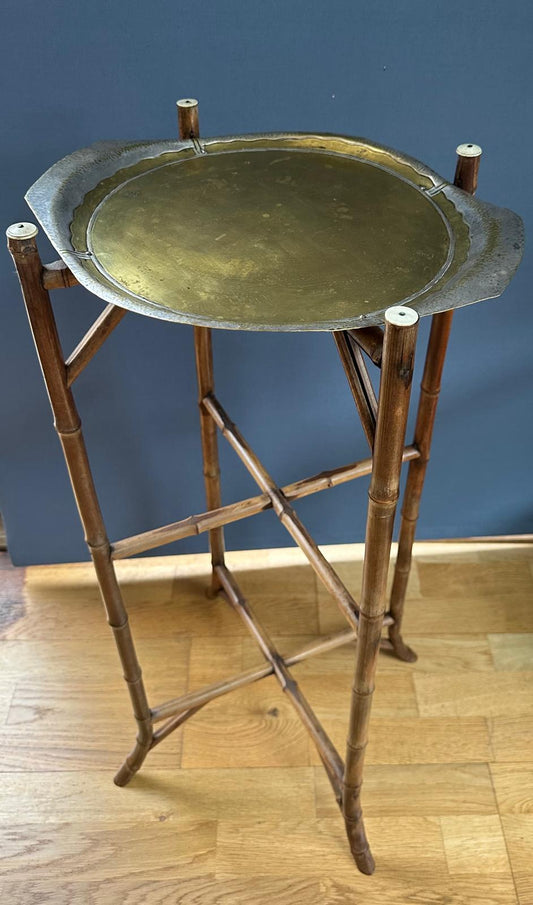 Vintage Bamboo Plant Stand with Brass Tray - "Execute PAR LO-YS A LA MAIN"