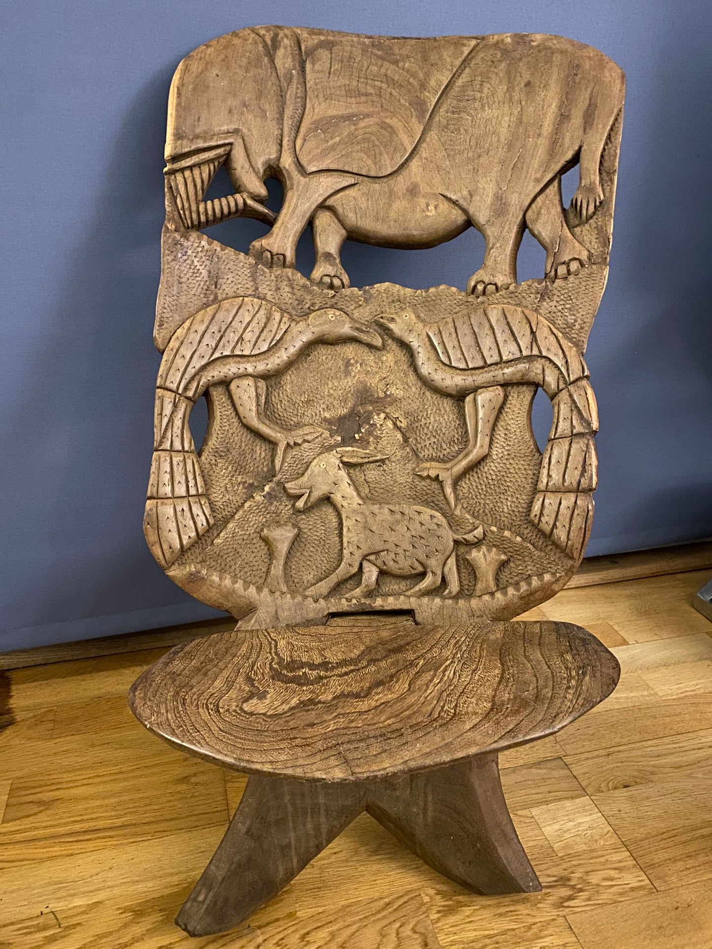 Hand Carved Elephant Chair – African Hardwood – Mid to Late 20th Century