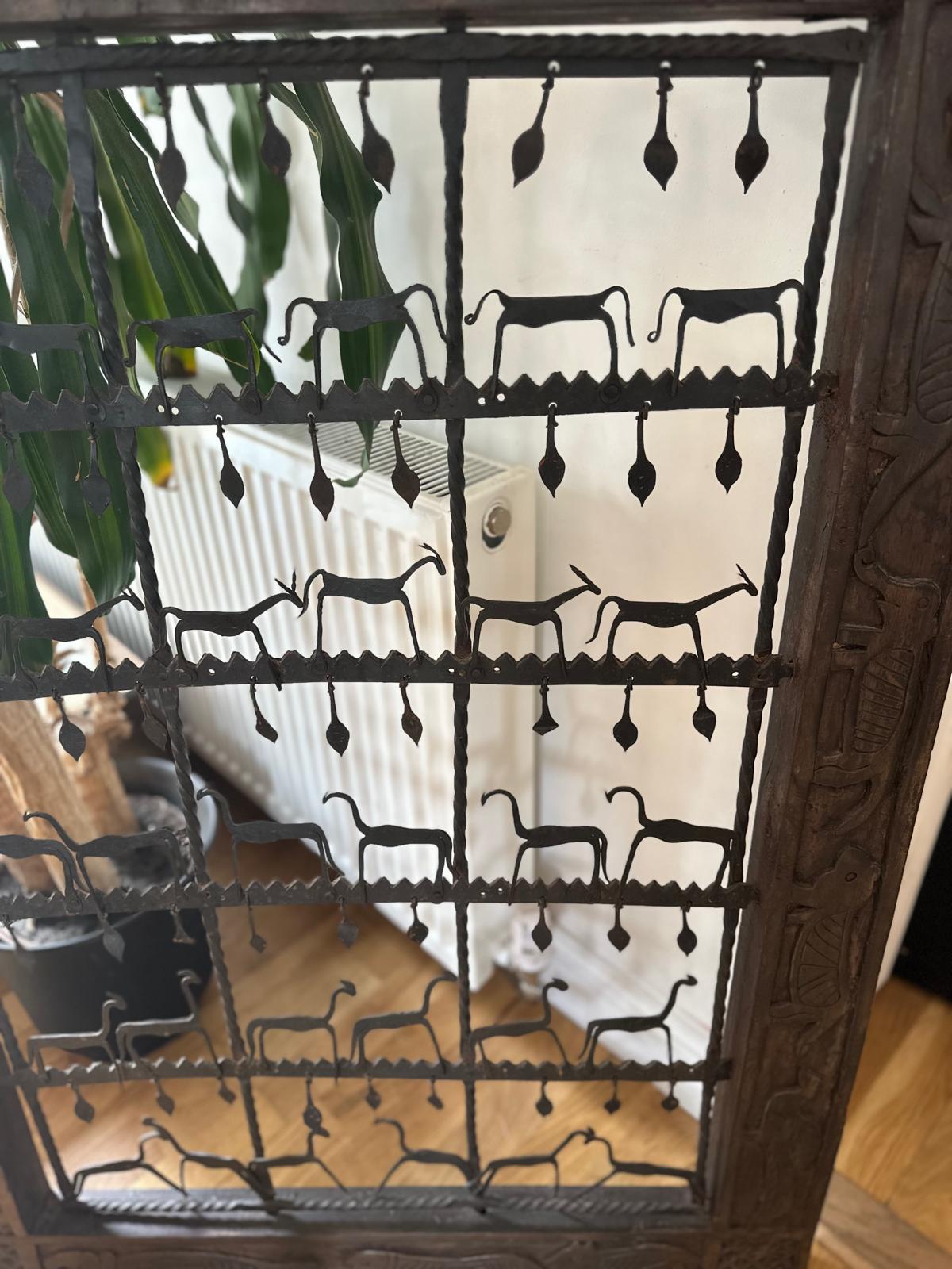 Large Carved Hardwood Architectural Window Panel with Iron Grille – Indian / African Style – 114cm