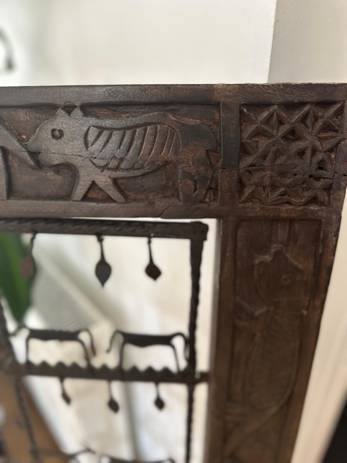 Large Carved Hardwood Architectural Window Panel with Iron Grille – Indian / African Style – 114cm