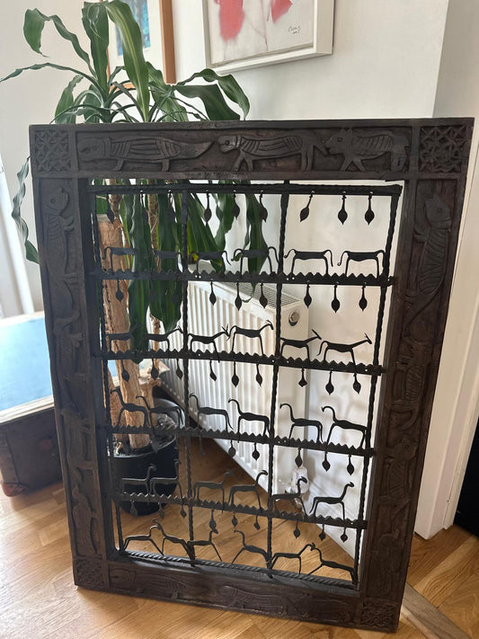Large Carved Hardwood Architectural Window Panel with Iron Grille – Indian / African Style – 114cm