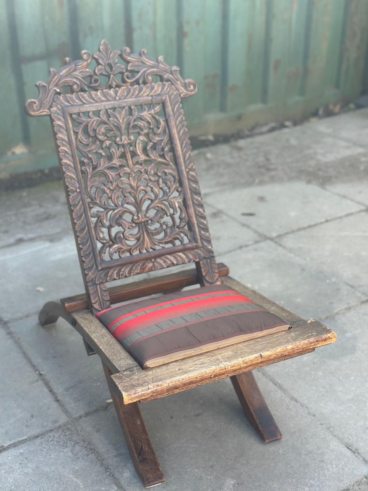 XXAntique Anglo-Indian Carved Wooden Panel Chair – Pierced Foliate Back, Decorative Low Occasional Seat