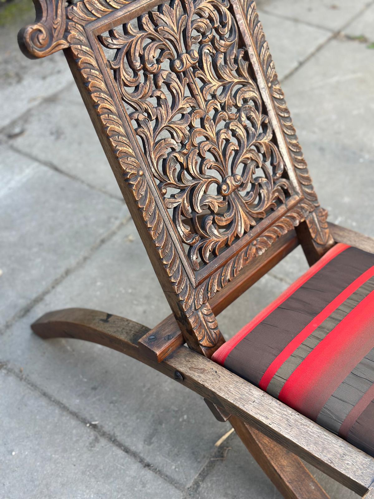 XXAntique Anglo-Indian Carved Wooden Panel Chair – Pierced Foliate Back, Decorative Low Occasional Seat