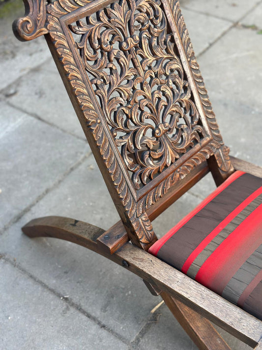 Antique Anglo-Indian Carved Wooden Panel Chair – Pierced Foliate Back, Decorative Low Occasional Seat