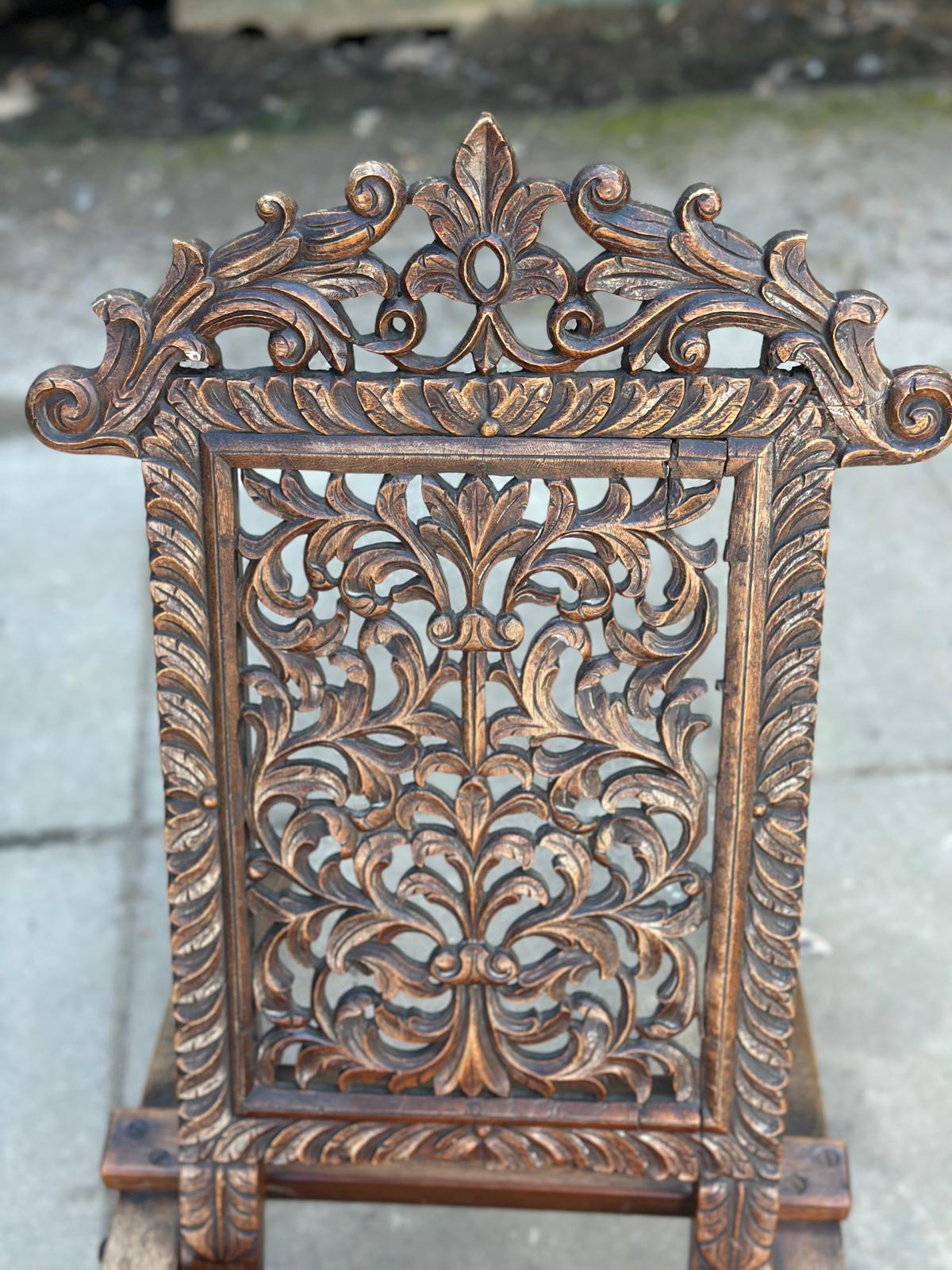 XXAntique Anglo-Indian Carved Wooden Panel Chair – Pierced Foliate Back, Decorative Low Occasional Seat