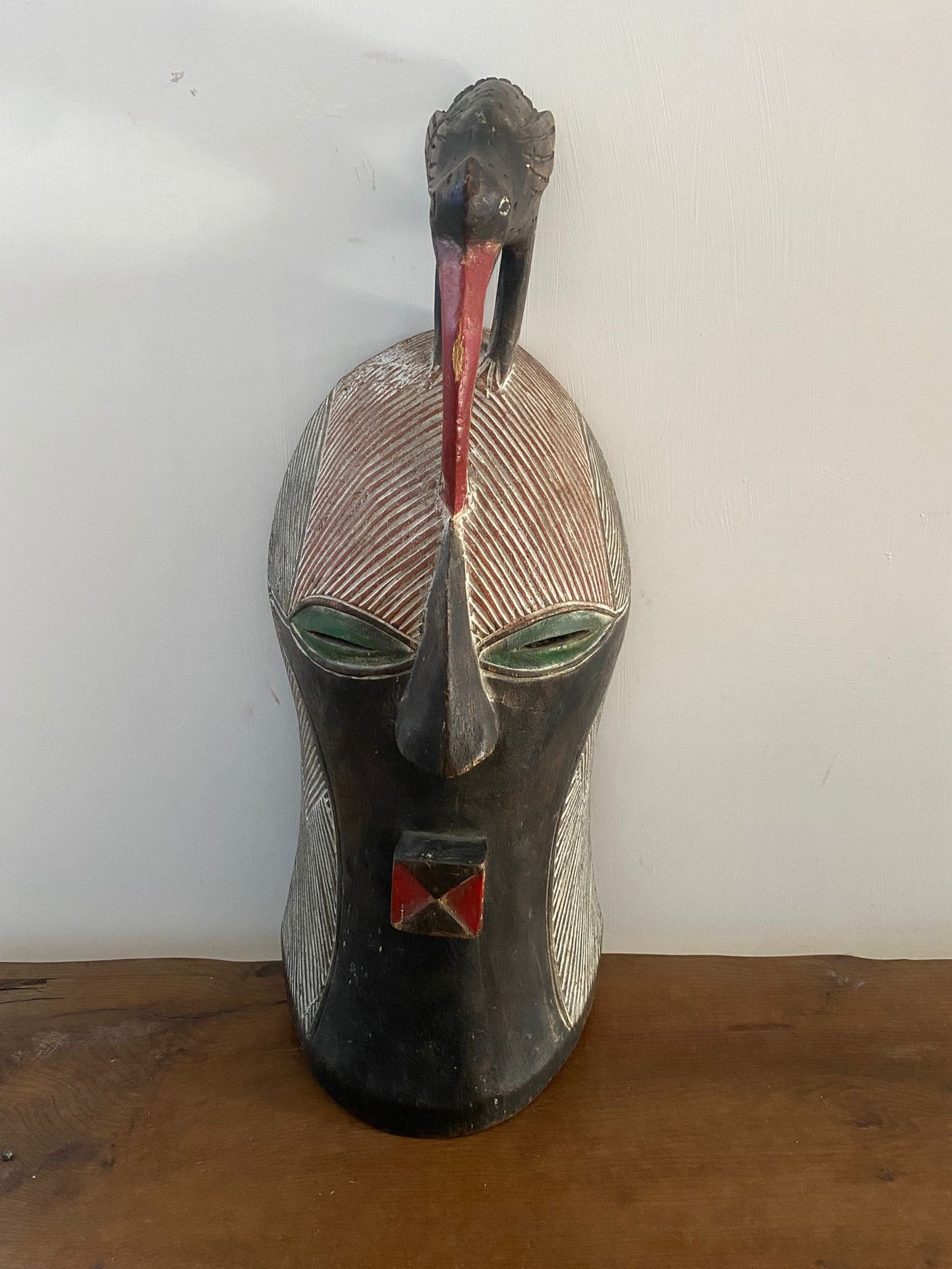 Vintage African Hardwood Helmet Mask with Bird Crest – Baule/Senufo Style Tribal Wall Art – 46cm