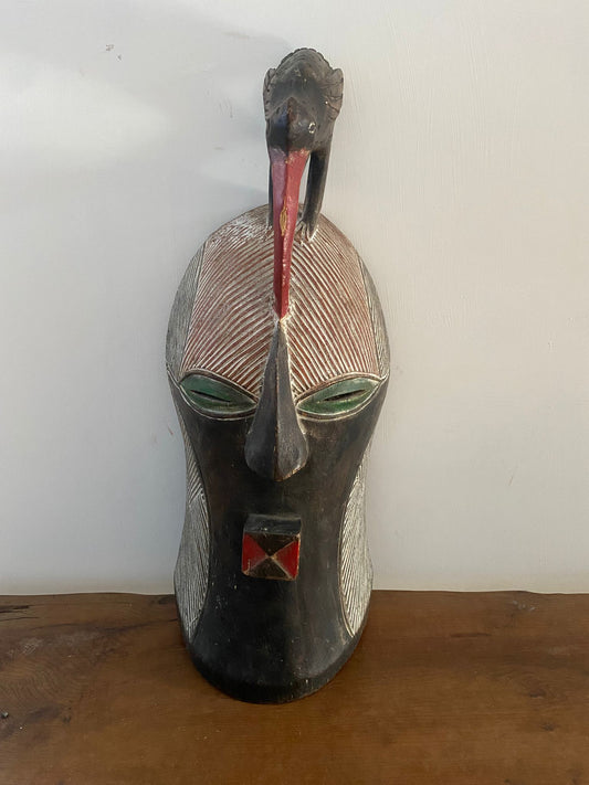 Vintage African Hardwood Helmet Mask with Bird Crest – Baule/Senufo Style Tribal Wall Art – 46cm