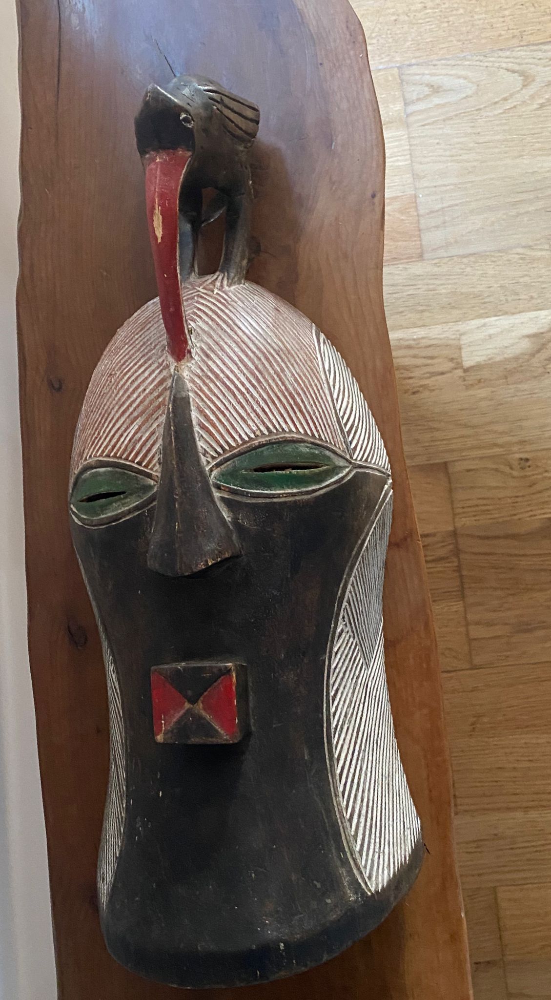Vintage African Hardwood Helmet Mask with Bird Crest – Baule/Senufo Style Tribal Wall Art – 46cm