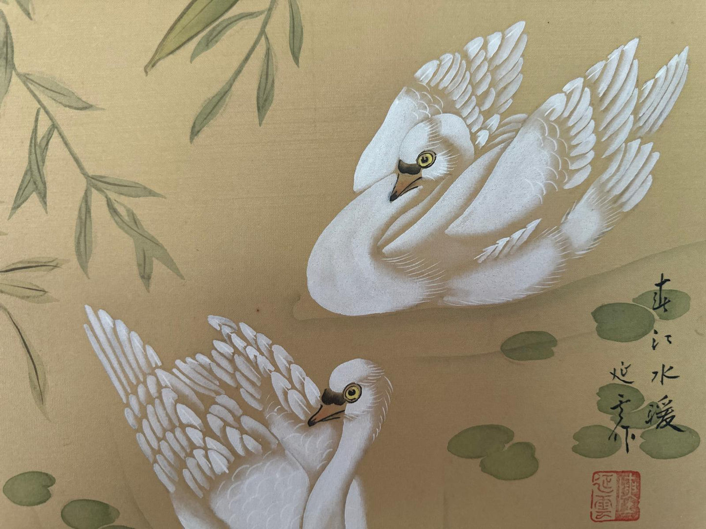 Set of 4 Chinese Hand-Painted Silk Wall Panels – Framed Bird & Floral Artwork