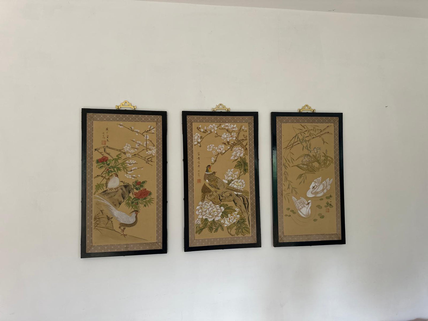 Set of 4 Chinese Hand-Painted Silk Wall Panels – Framed Bird & Floral Artwork