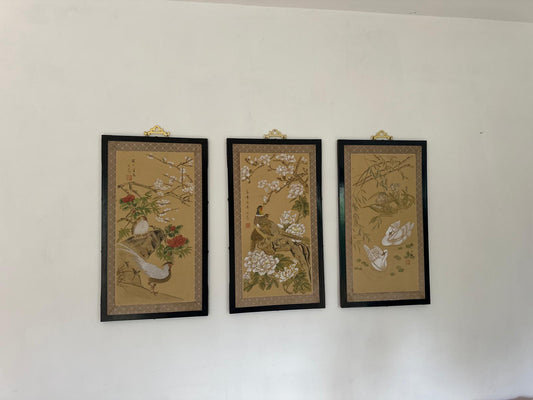 Set of 4 Chinese Hand-Painted Silk Wall Panels – Framed Bird & Floral Artwork