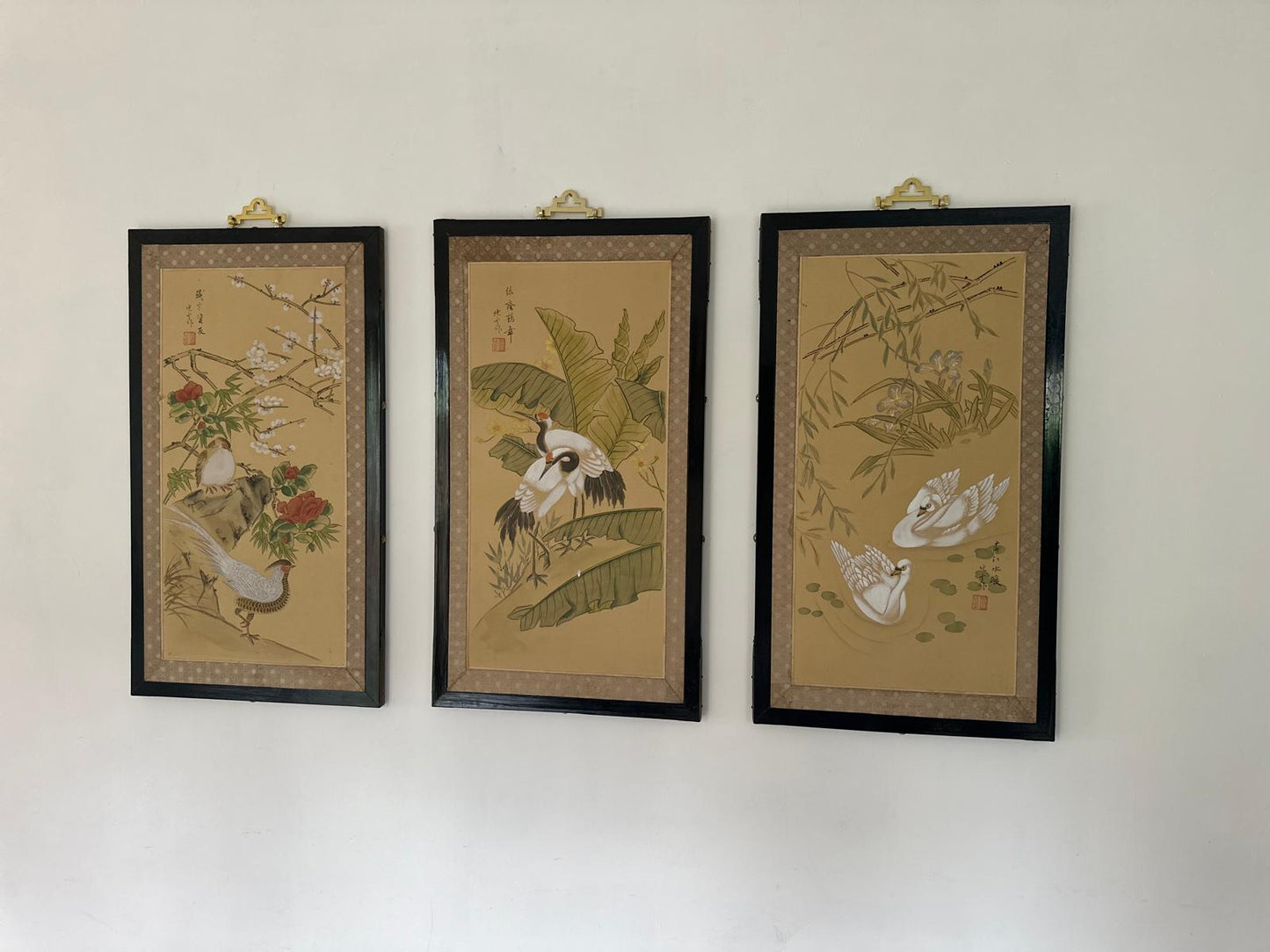 Set of 4 Chinese Hand-Painted Silk Wall Panels – Framed Bird & Floral Artwork