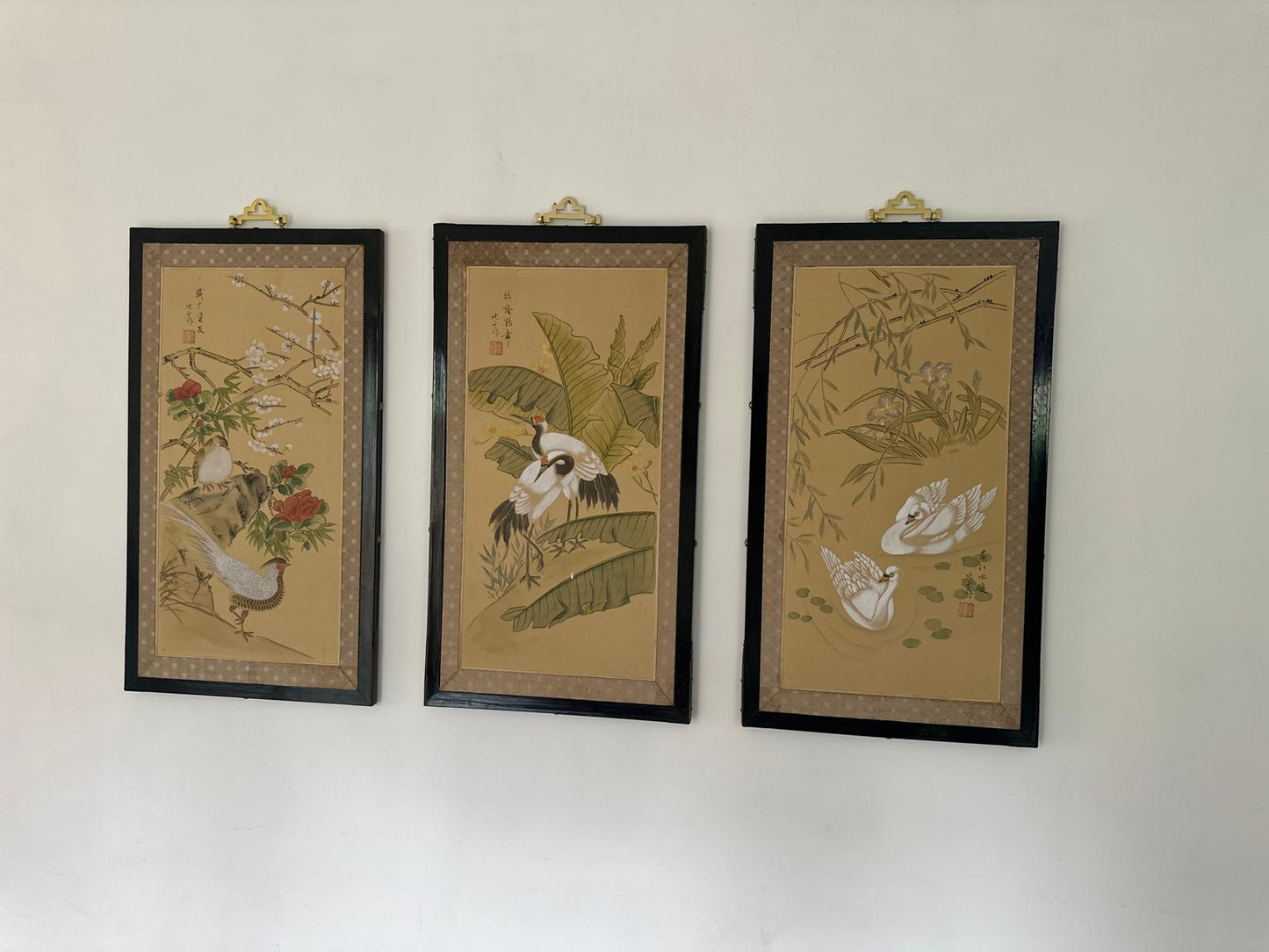 Set of 4 Chinese Hand-Painted Silk Wall Panels – Framed Bird & Floral Artwork