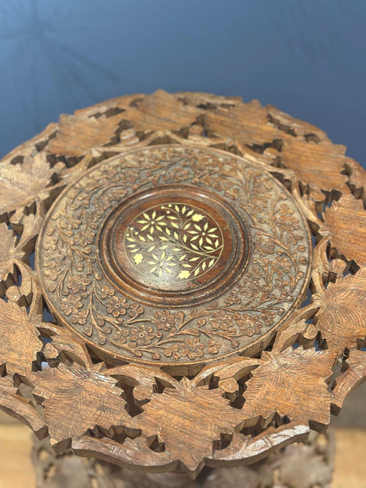 Pair of Anglo-Indian Carved Folding Occasional Tables with Bone Inlay, c.1890