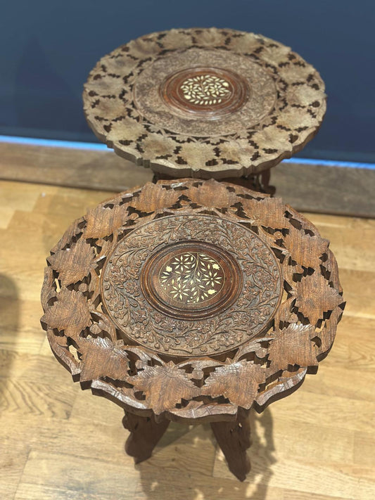 Pair of Anglo-Indian Carved Folding Occasional Tables with Bone Inlay, c.1890
