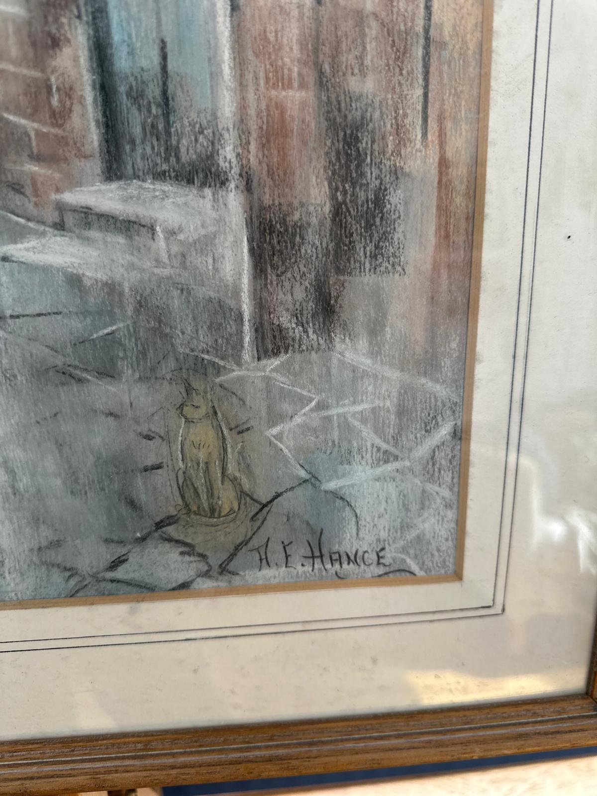 Signed H.E. Hance Mediterranean Street Scene – Pastel / Mixed Media – Framed