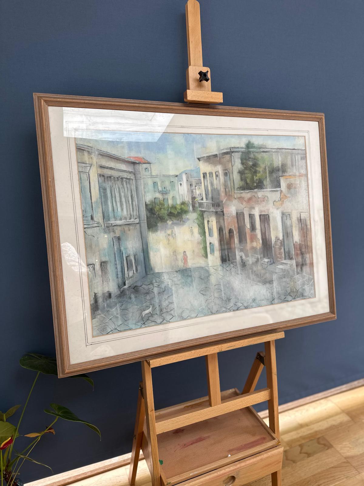 Signed H.E. Hance Mediterranean Street Scene – Pastel / Mixed Media – Framed