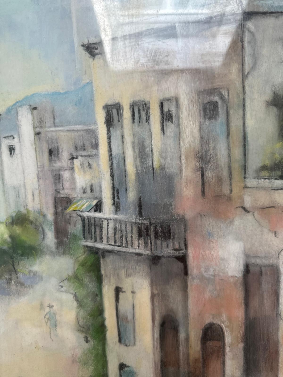 Signed H.E. Hance Mediterranean Street Scene – Pastel / Mixed Media – Framed