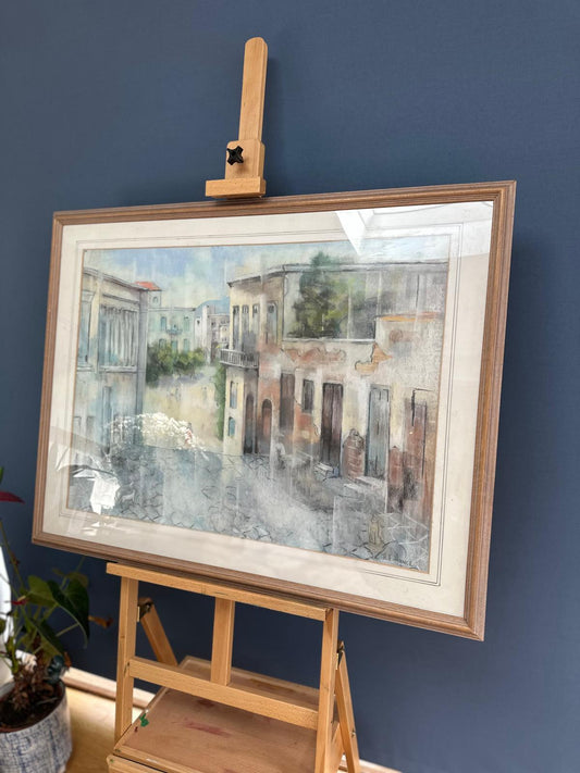 Signed H.E. Hance Mediterranean Street Scene – Pastel / Mixed Media – Framed