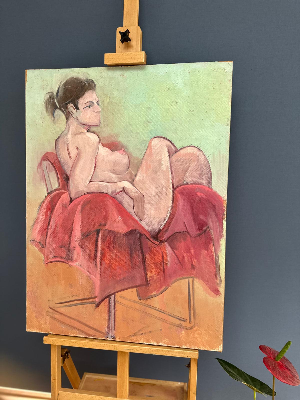 Mid-Century Style Figurative Nude Painting – Oil (or Acrylic) on Board – 76 x 57 cm