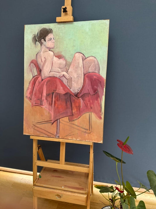 Mid-Century Style Figurative Nude Painting – Oil (or Acrylic) on Board – 76 x 57 cm
