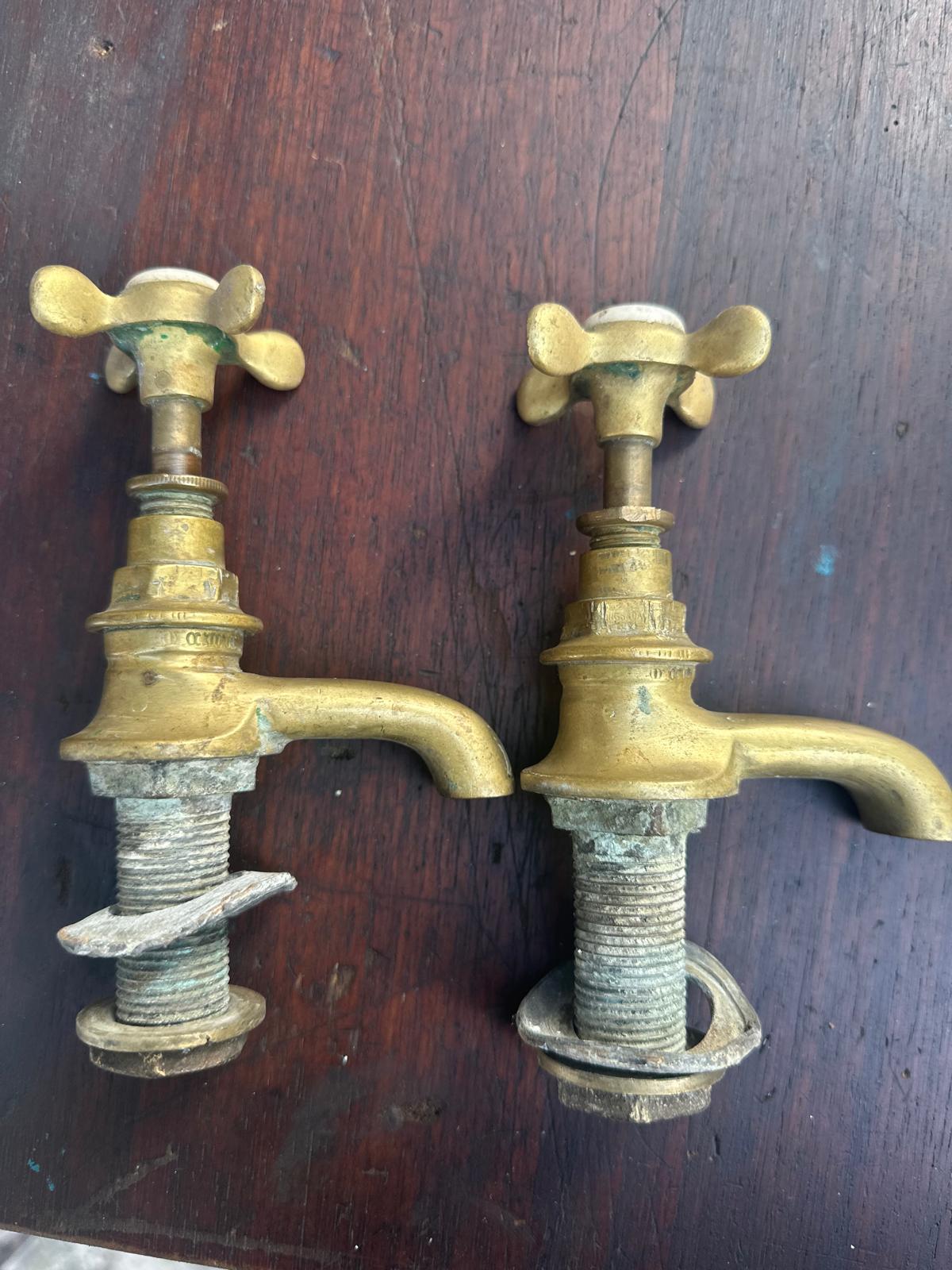 Pair of Antique Brass Basin Taps – Hot & Cold – Victorian / Edwardian Bathroom Fittings
