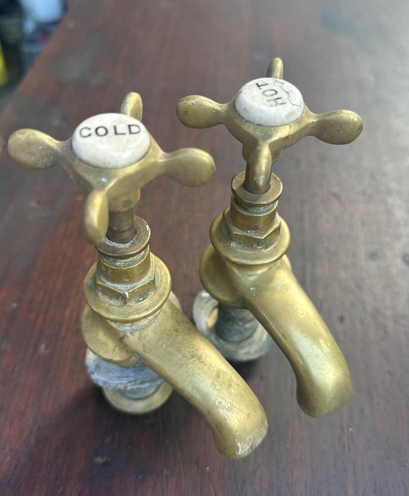 Pair of Antique Brass Basin Taps – Hot & Cold – Victorian / Edwardian Bathroom Fittings