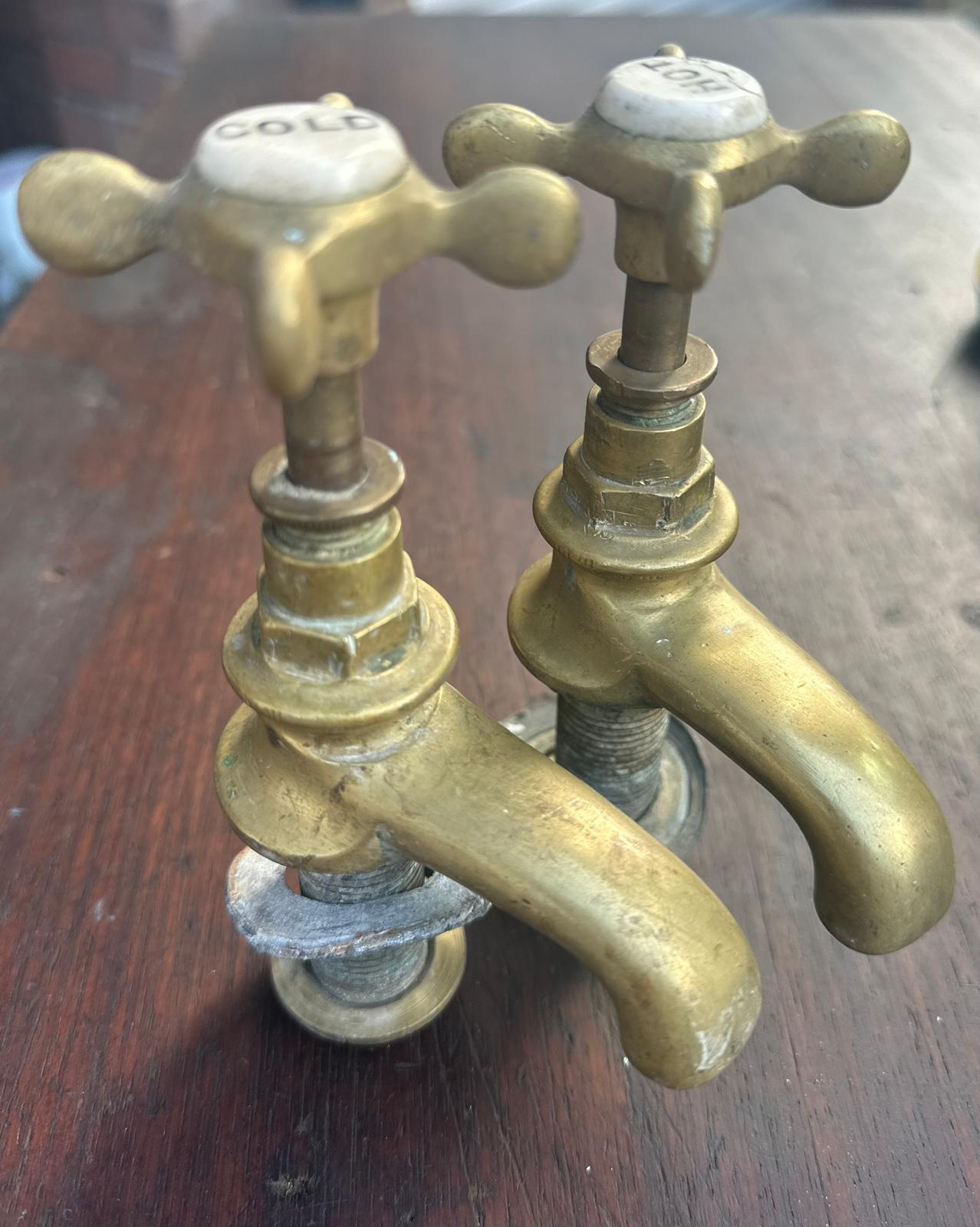 Pair of Antique Brass Basin Taps – Hot & Cold – Victorian / Edwardian Bathroom Fittings